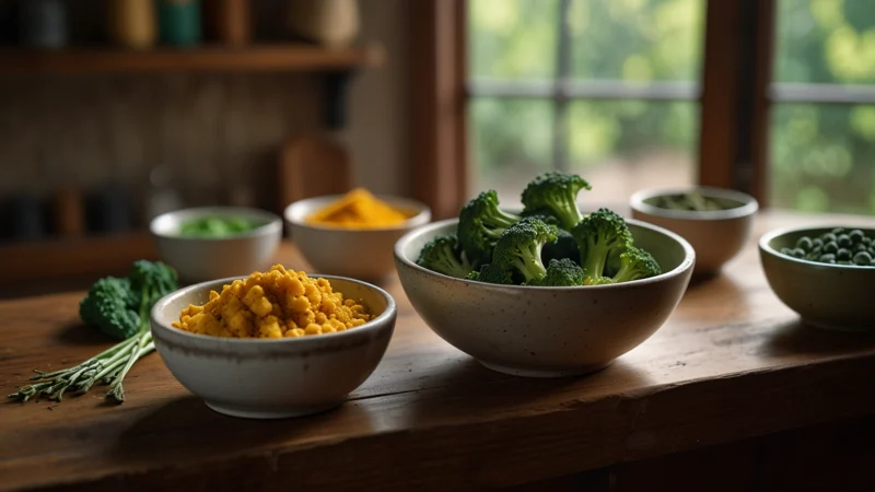Тарелка с продуктами для детокса ДНК: куркума, брокколи, ягоды, зеленый чай и водоросли на светлом фоне