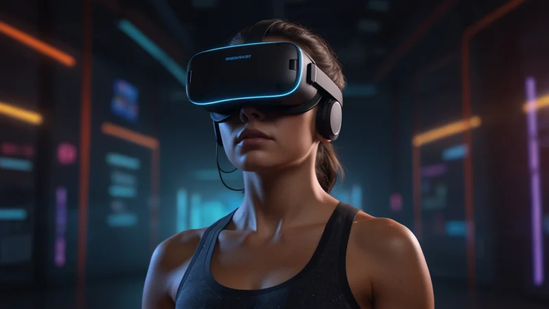 Человек в VR-шлеме занимается фитнесом в виртуальной реальности, его мозг активно строит новые нейронные связи