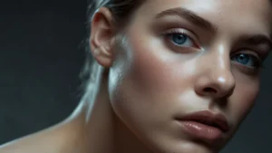 Синестетический макияж с металлическими и матовыми текстурами на лице модели
