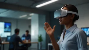 Человек в VR-шлеме взаимодействует с виртуальным интерфейсом обучения, симуляция рабочего процесса