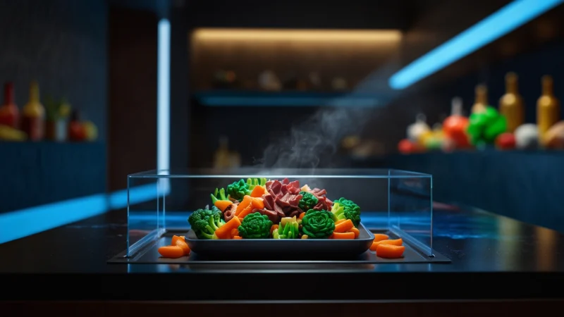 Блюдо, приготовленное под LED-лучами в современной светокулинарной камере