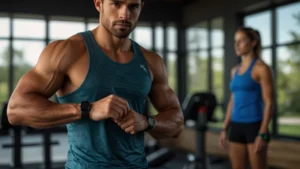 Спортсмен в фитнес-браслете и умных часах, на экране смартфона графики пульса и гормонов в реальном времени