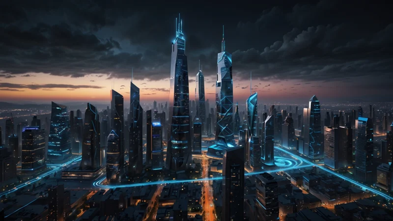 Футуристичная иллюстрация трендов 2030 года: пересечение цифровых технологий, искусственного интеллекта и…