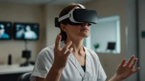 Пациент в VR-шлеме во время сеанса нейросмещения для лечения хронической боли в реабилитационном центре