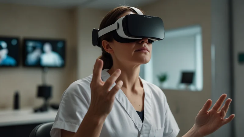 Пациент в VR-шлеме во время сеанса нейросмещения для лечения хронической боли в реабилитационном центре