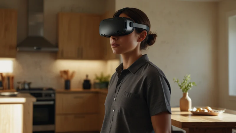 Человек в VR-шлеме изучает виртуальную модель кухни с инструментами на столе