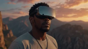 Человек в VR-шлеме парит над облаками, визуализация успеха и перепрограммирование убеждений