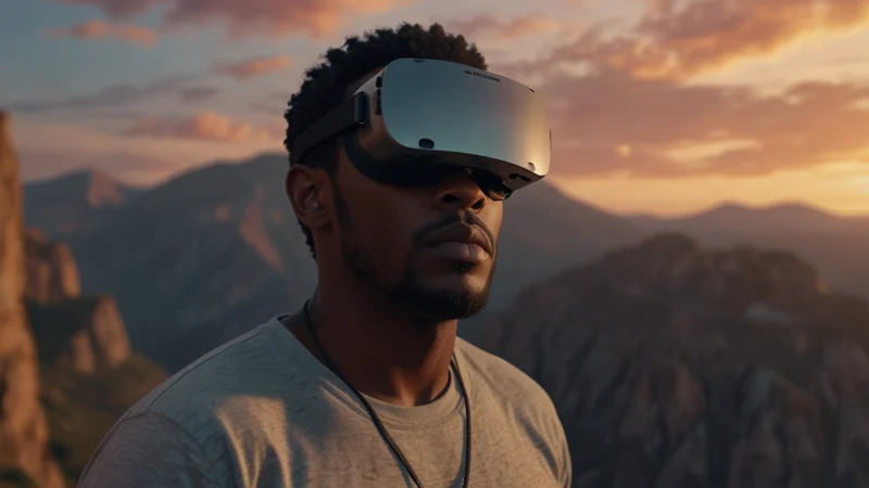 Человек в VR-шлеме парит над облаками, визуализация успеха и перепрограммирование убеждений