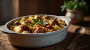 Готовая запеканка из картофеля и фарша в духовке с золотистой корочкой на противне