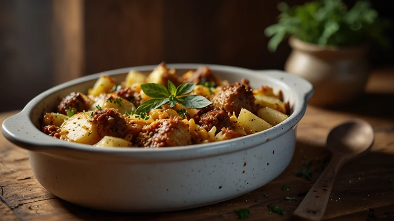 Готовая запеканка из картофеля и фарша в духовке с золотистой корочкой на противне