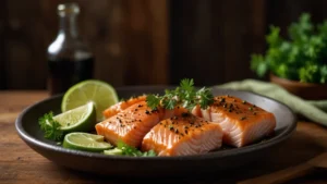 Кусочки лосося и курицы, маринованные в зеленой пасте васаби с соевым соусом и лаймом