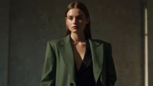 Стильный fashion-editorial образ с гипертрофированным пиджаком и архитектурным кроем на фоне студийной съемки