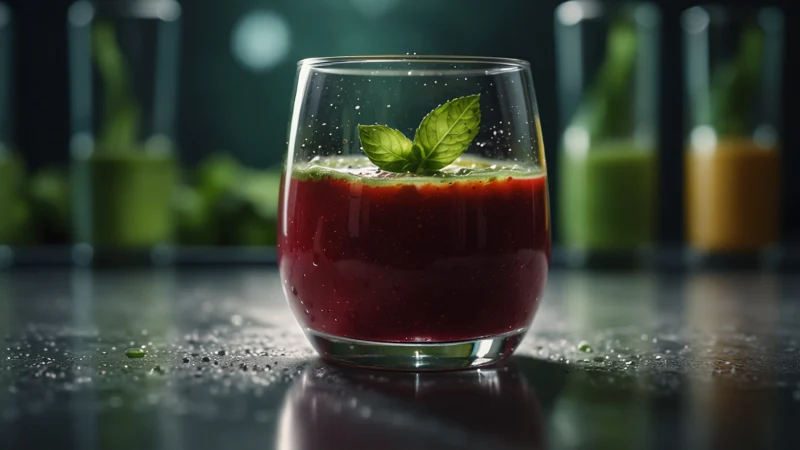 Зелёный коктейль в лабораторном стакане с светящейся культурой фотосинтетических бактерий на фоне биореактора