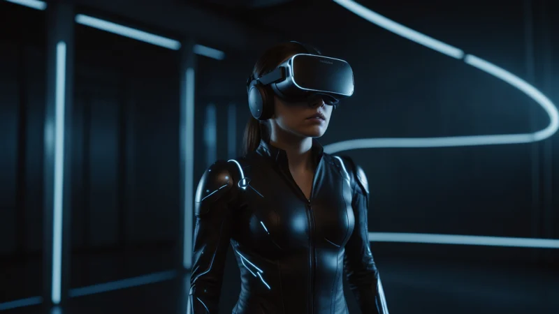 Человек в VR-шлеме выполняет тренировку с датчиками электрической стимуляции мышц в футуристичном зале