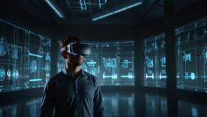 Инженер в VR-гарнитуре работает с голографическим чертежом детали в воздухе