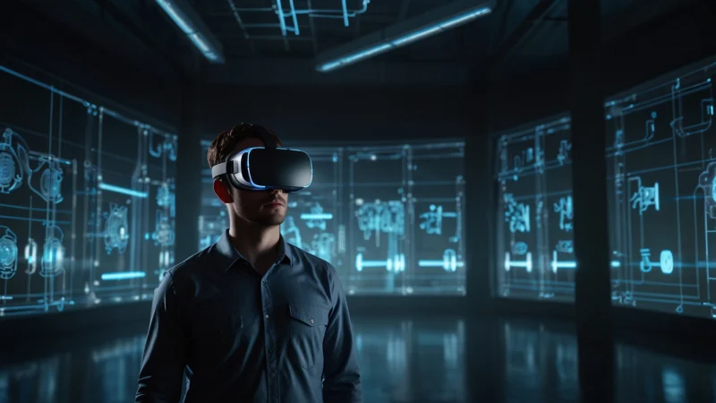 Инженер в VR-гарнитуре работает с голографическим чертежом детали в воздухе