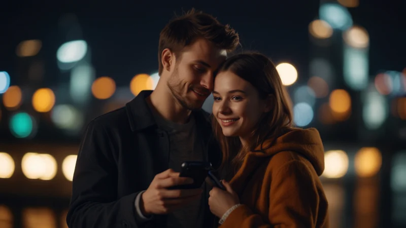 Пара снимает романтический контент на смартфон на фоне городских огней, символизируя влияние соцсетей на современные…