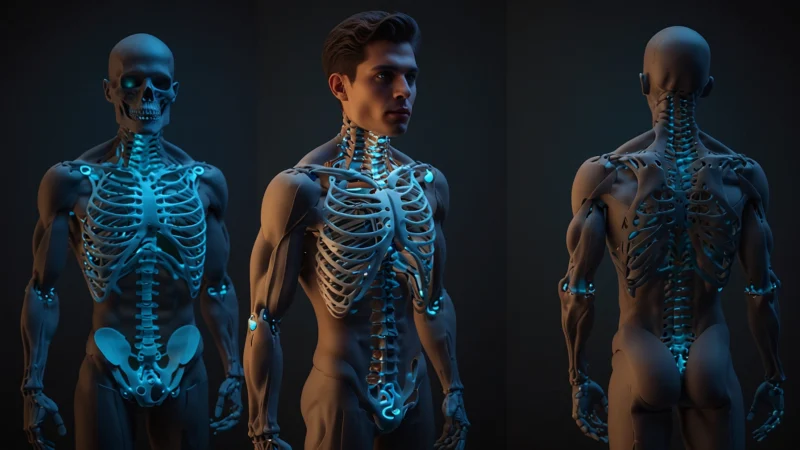 3D-визуализация анатомического строения человеческого скелета с акцентом на плечевой пояс и осанку, демонстрирующая…