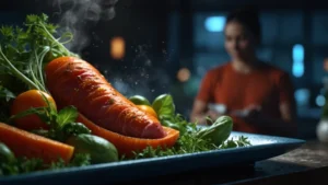 Молекулярная структура сенсорной добавки на фоне языка и свежих продуктов, символизирующая усиление вкуса