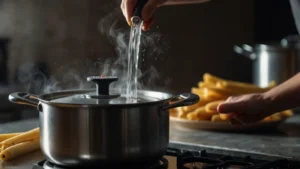 Лазерный пирометр измеряет температуру кипящей воды с макаронами в кастрюле на кухне