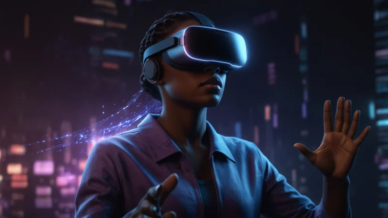 Человек в VR-гарнитуре взаимодействует с голографическими 3D-объектами и цифровыми двойниками товаров в…