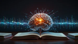Мозг человека со светящимися нейронными связями на фоне книг и учебных материалов, символизирующий ускоренное обучение