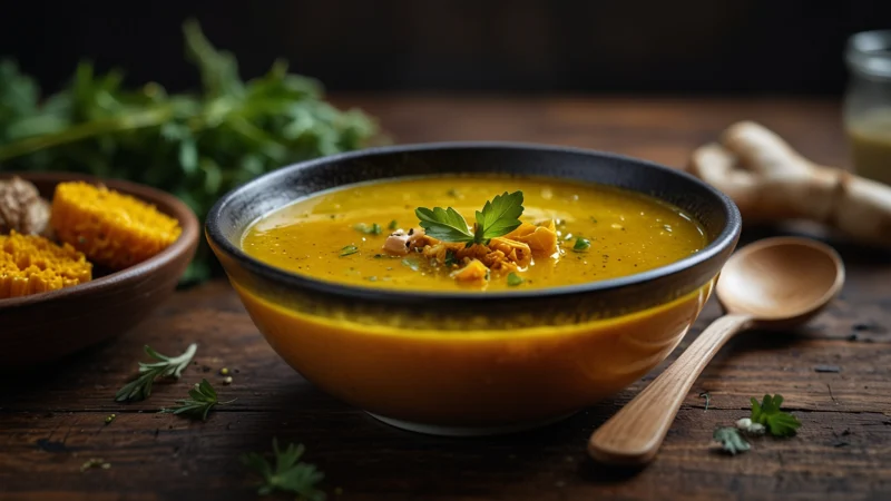 Парящая тарелка костного бульона с куркумой и зеленью, символизирующая питание для мозга и настройку нейронных связей