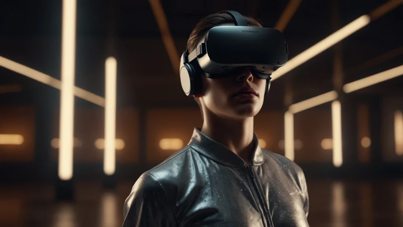 Человек в VR-шлеме переживает личностный прорыв в виртуальной среде