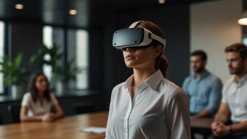 Бизнесмен в VR-шлеме отрабатывает лидерские навыки в виртуальном зале заседаний, жестикулируя перед цифровыми…