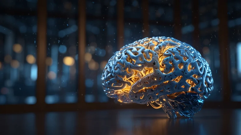 Абстрактная 3D-визуализация архитектуры когнитивного пространства: светящиеся нейронные связи прорастают сквозь…