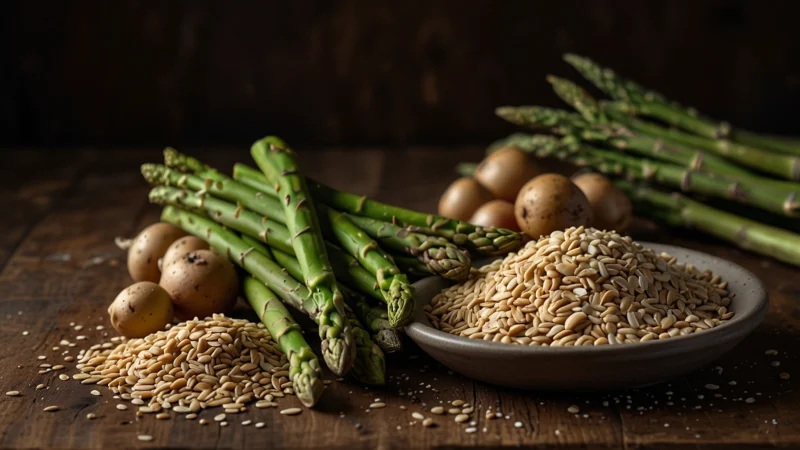 Разноцветные свежие овощи, бобовые и цельнозерновые продукты, богатые пищевыми волокнами, разложены на кухонном столе…