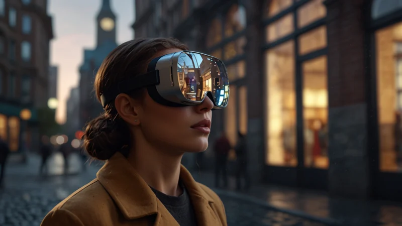 Человек в VR-шлеме рассматривает виртуальную реконструкцию исторического фасада здания поверх современной улицы