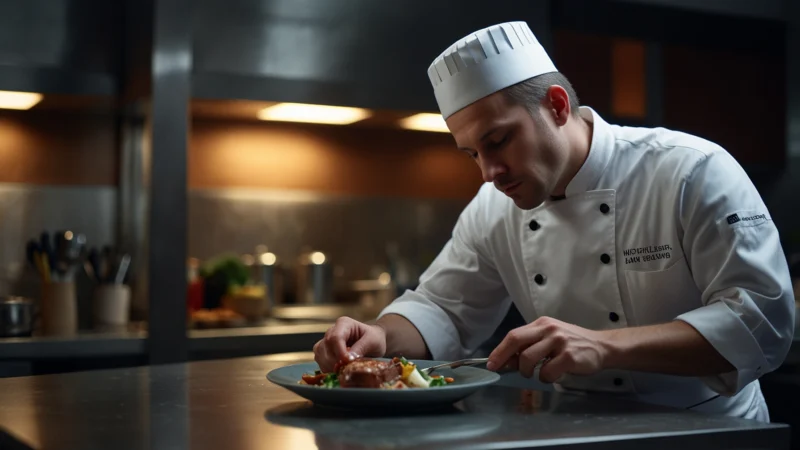 Шеф-повар готовит изысканное блюдо из культивируемого мяса в ресторане высокой кухни