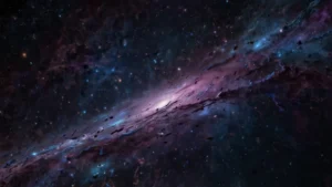 Абстрактная визуализация космической памяти: светящиеся информационные нити связывают галактики и частицы в глубоком…