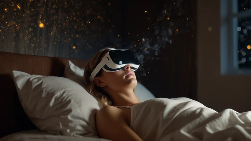 Человек в VR-шлеме спокойно спит, погруженный в теплую виртуальную среду для восстановления сна