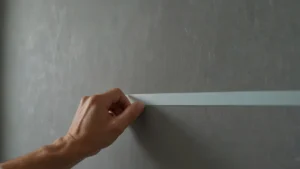 Рука мастера приклеивает умный скотч с индикатором на стену во время ремонта, рядом валик с краской
