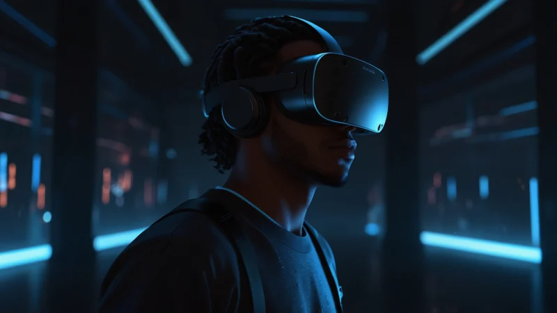 Человек в VR-шлеме взаимодействует со светящимся цифровым аватаром в футуристическом пространстве, символизируя…
