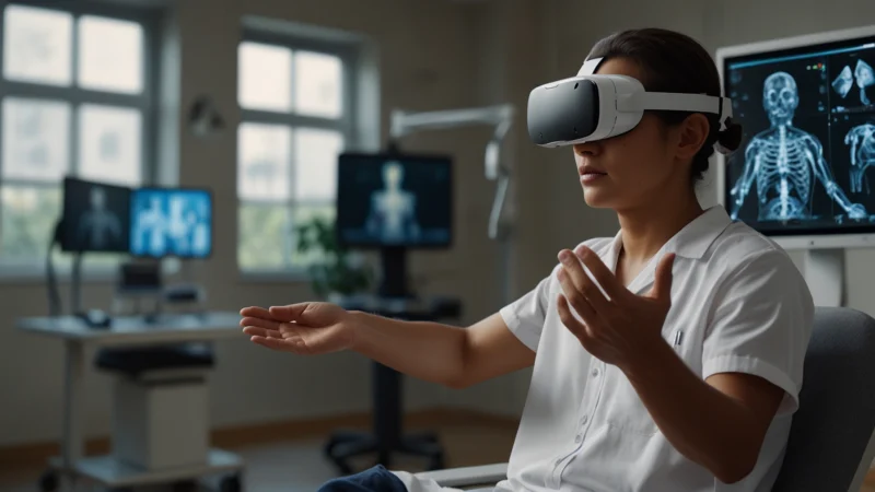 Пациент в VR-шлеме выполняет реабилитационное упражнение, виртуальный аватар двигает рукой в цифровой среде клиники…