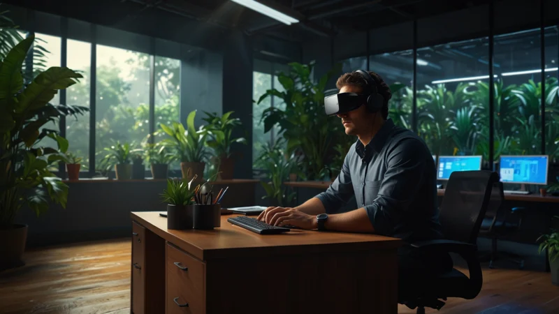 Офисный сотрудник в VR-шлеме сидит за столом, а вокруг него виртуальные джунгли и игровые интерфейсы, наложенные на…