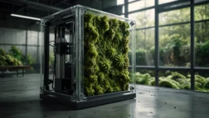 3D-принтер создает живую стену с прорастающим зеленым мицелием и бактериальными слоями в современной архитектурной…