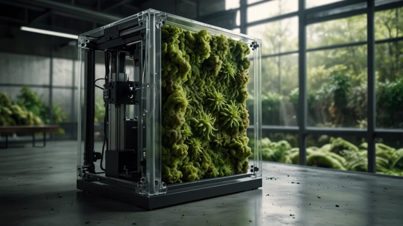 3D-принтер создает живую стену с прорастающим зеленым мицелием и бактериальными слоями в современной архитектурной…
