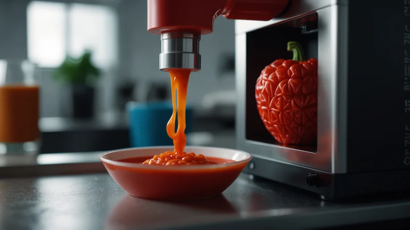 3D-принтер печатает сложное блюдо из свежих ингредиентов в современной кухне