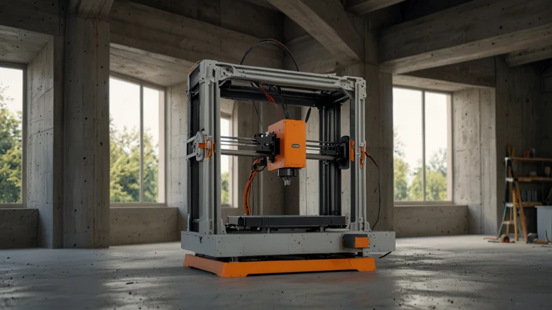 Строительный 3D-принтер печатает несущий каркас жилого дома на строительной площадке