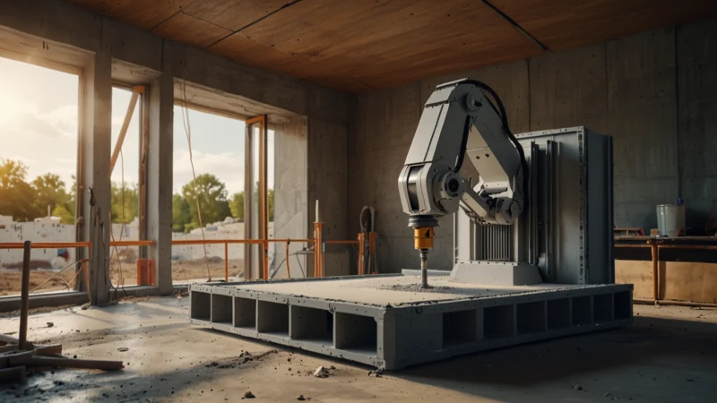 Строительный 3D-принтер печатает бетонные стены жилого дома слоями на строительной площадке