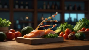 ДНК-спираль и свежие продукты на столе, концепция персонализированного питания по генетическому профилю