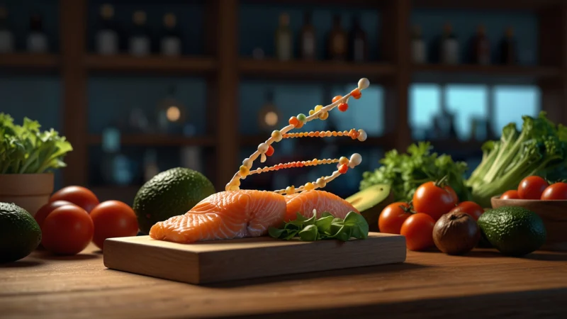 ДНК-спираль и свежие продукты на столе, концепция персонализированного питания по генетическому профилю