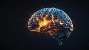 Абстрактная визуализация мозга как компьютерной системы с нейронными связями и светящимися потоками данных…