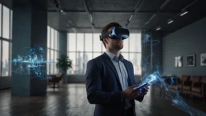 Архитектор в VR-шлеме проектирует интерьер современного здания в виртуальной метавселенной