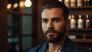 Современный мужской grooming-код: ухоженный мужчина с бородой на фоне барбершопа и люксовой косметики