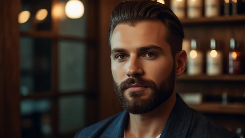 Современный мужской grooming-код: ухоженный мужчина с бородой на фоне барбершопа и люксовой косметики